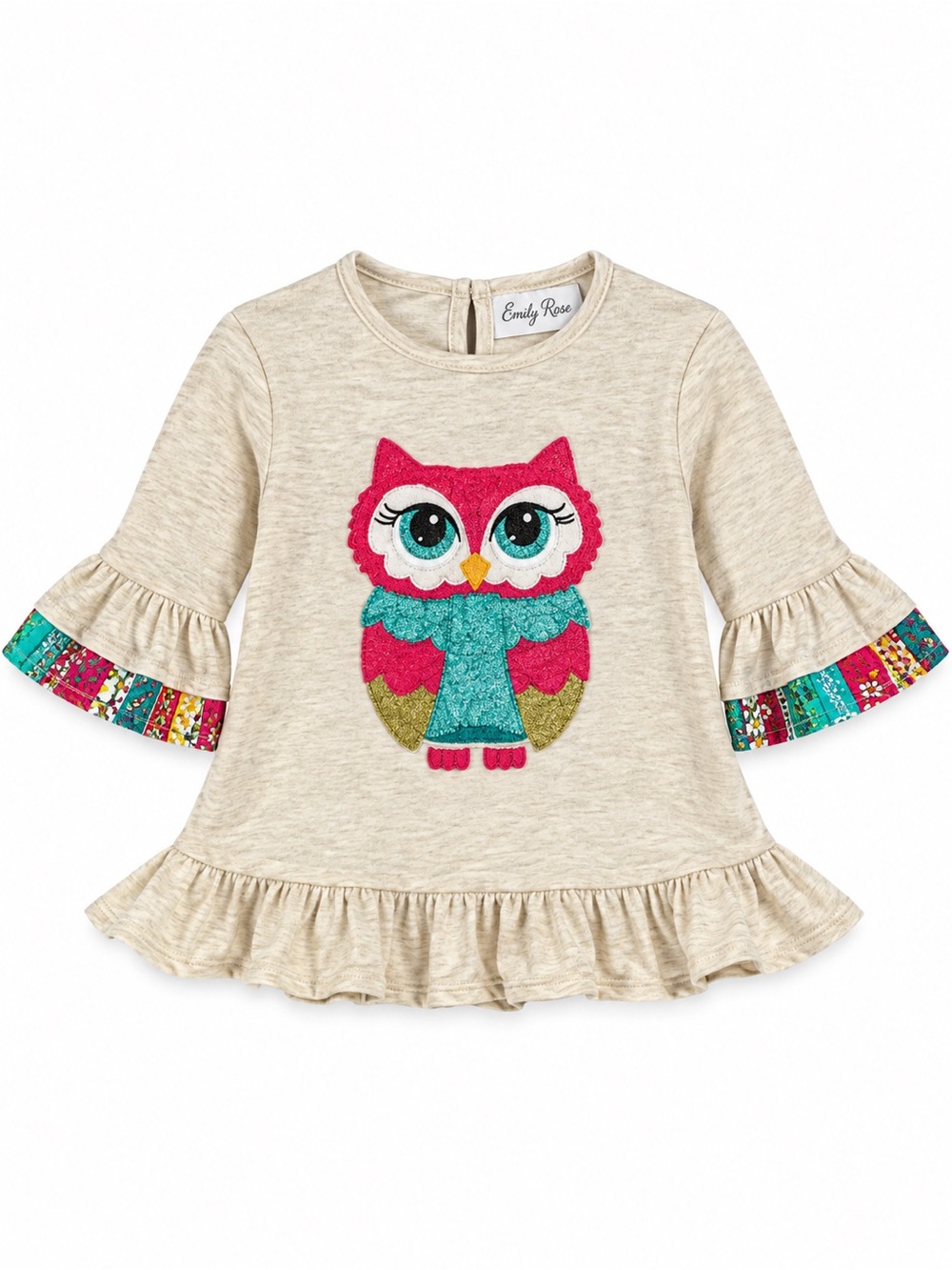 Emily Rose Girls 3T Oatmeal Owl Ruffle Hem Long Sleeve Top Glitter